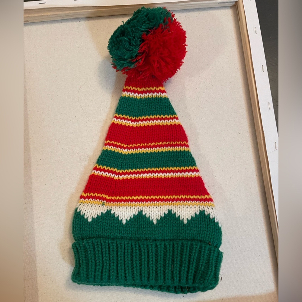 Festive Knit Red and Green winter  Hat with Pom Pom boggin skull cap knit cap